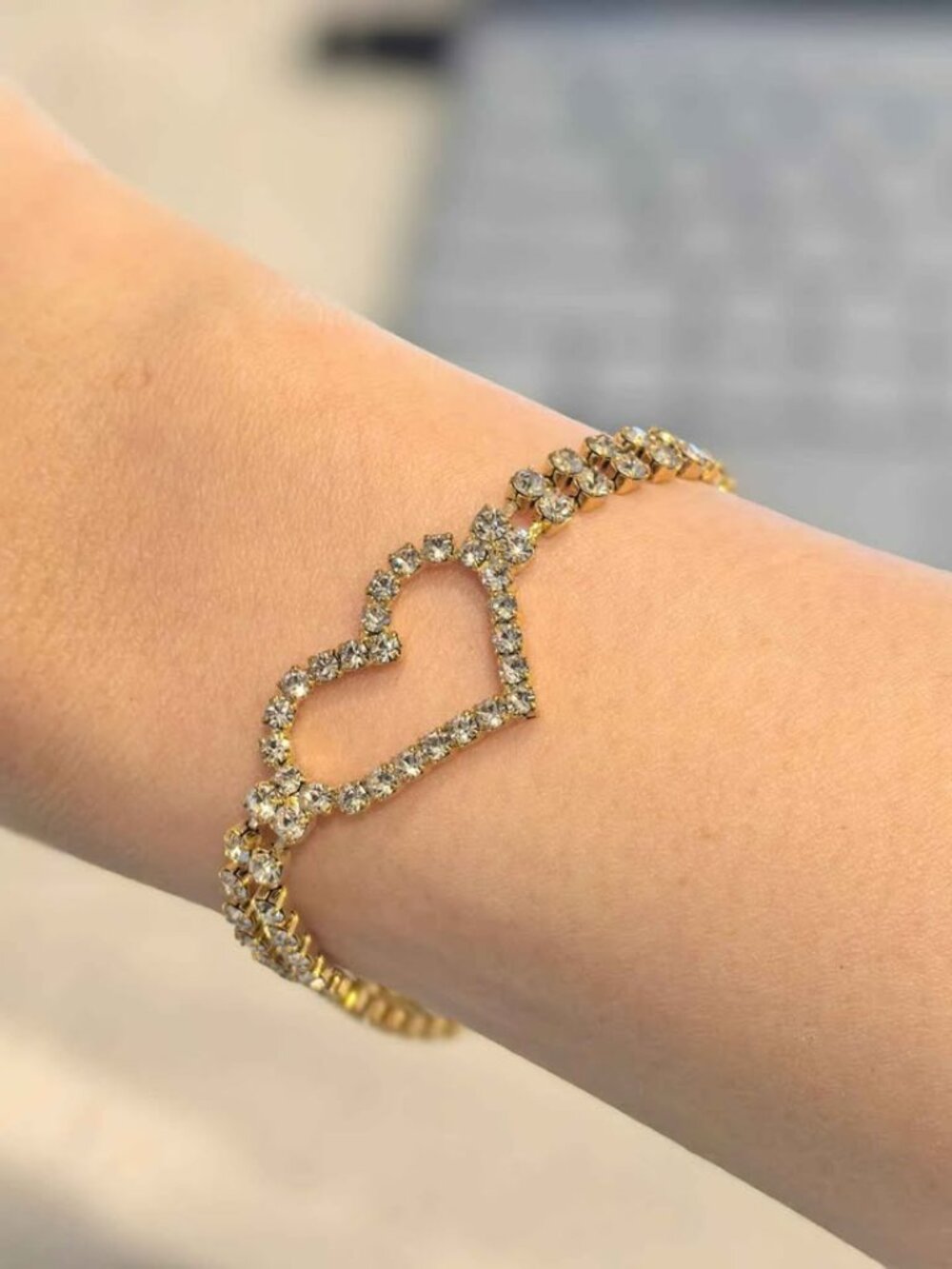 Heart Crystal Tennis Bracelet – Gold Tone